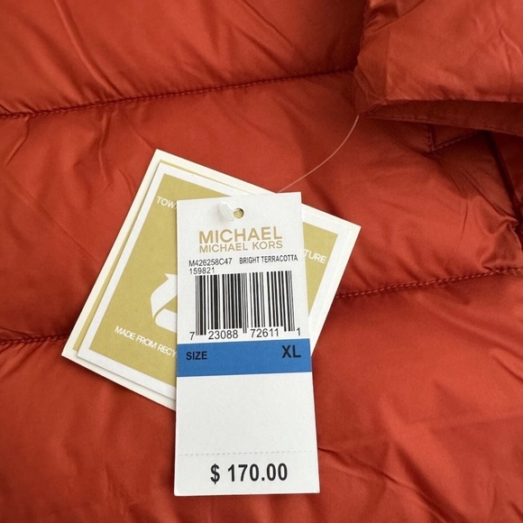 MK Michael Kors Bright Terracotta Women Coat Hooded Puffer Long Jacket XL - Picture 2 of 11